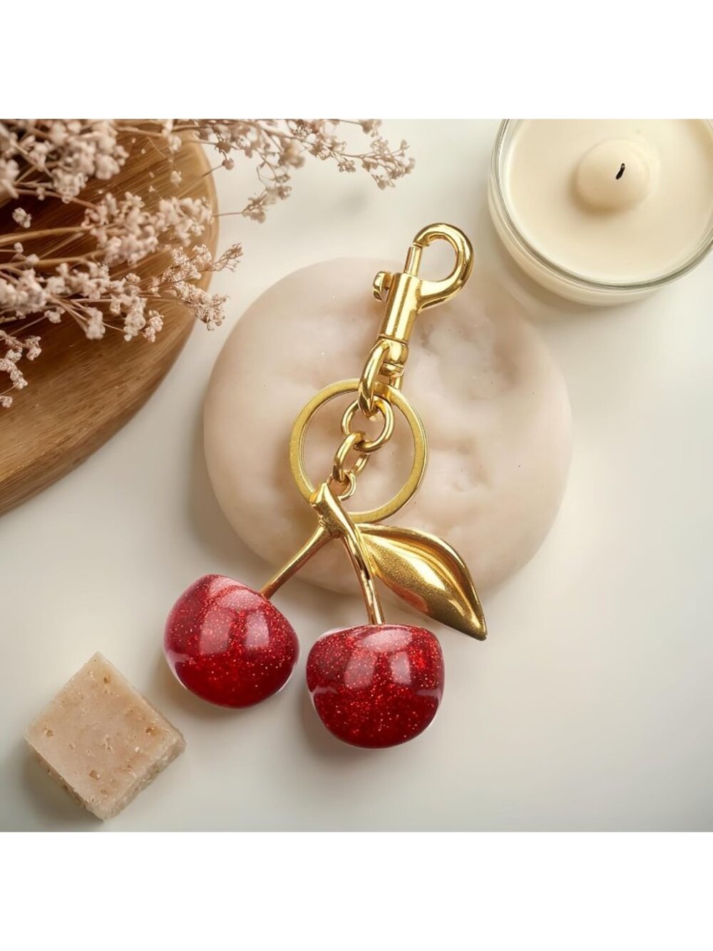 Red Cherry Keychain Charm with Glitter Cherries and Gold Leaf Bag Accessory - Picture 2 of 6